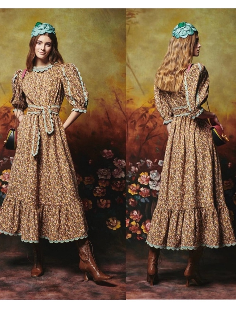 CELIA B Alamo Dress Brown Floral Midi corduroy Large